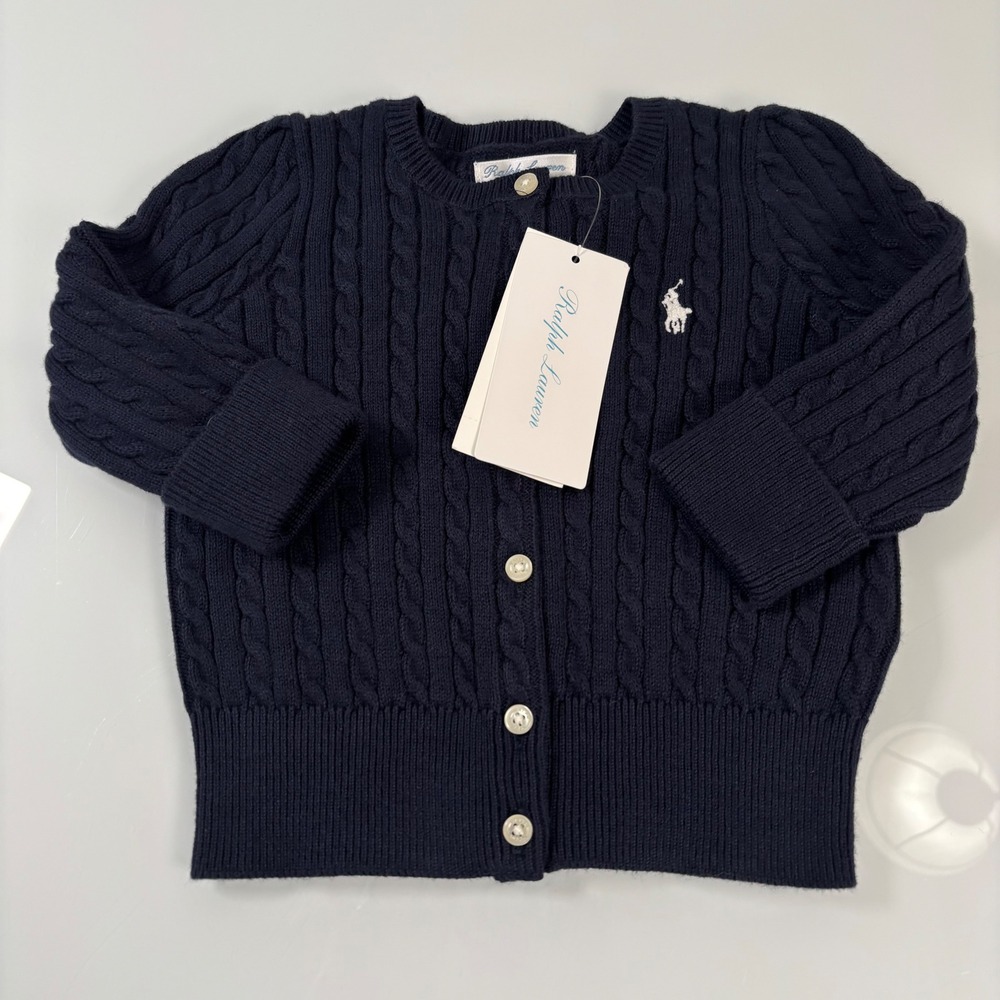 Ralph Lauren Baby Girl 9M Hunter Navy Cardigan NEW Mini-Cable Cotton Knit Pony